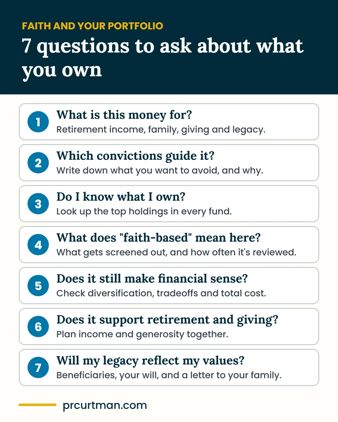 Christian investing, 7 questions to ask: what is this money for, which convictions guide it, do I know what I own, what does faith-based mean here, does it still make financial sense, does it support retirement and giving, will my legacy reflect my values.